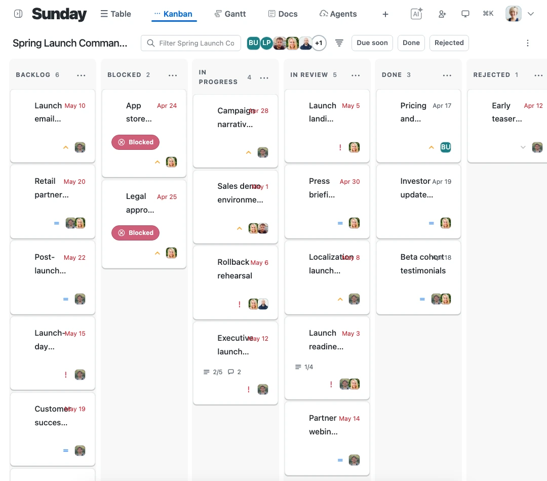 Sunday Kanban view showing work moving through a repeatable process.