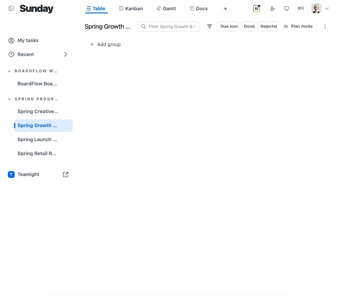 Sunday workspace navigation organizing work across boards and teams.